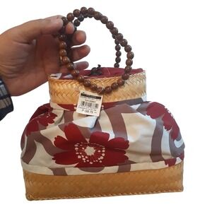 Kultura Woven Basket Bag Floral Fabric Drawstring Top Beaded Handle